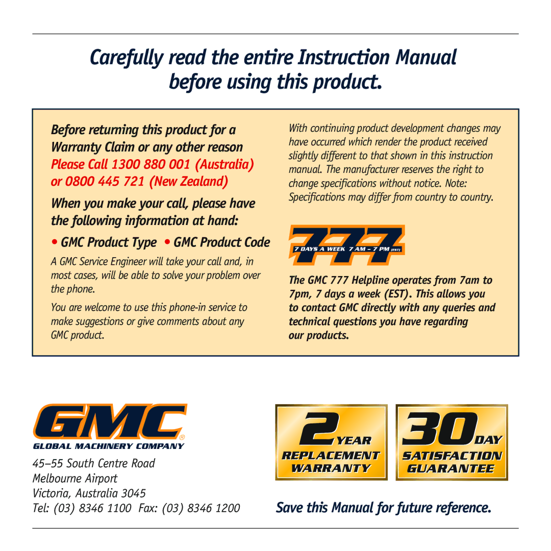 Global Machinery Company GMC Router Table, RT 200 instruction manual Save this Manual for future reference 