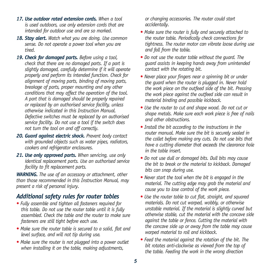 Global Machinery Company GMC Router Table, RT 200 instruction manual Additional safety rules for router tables 