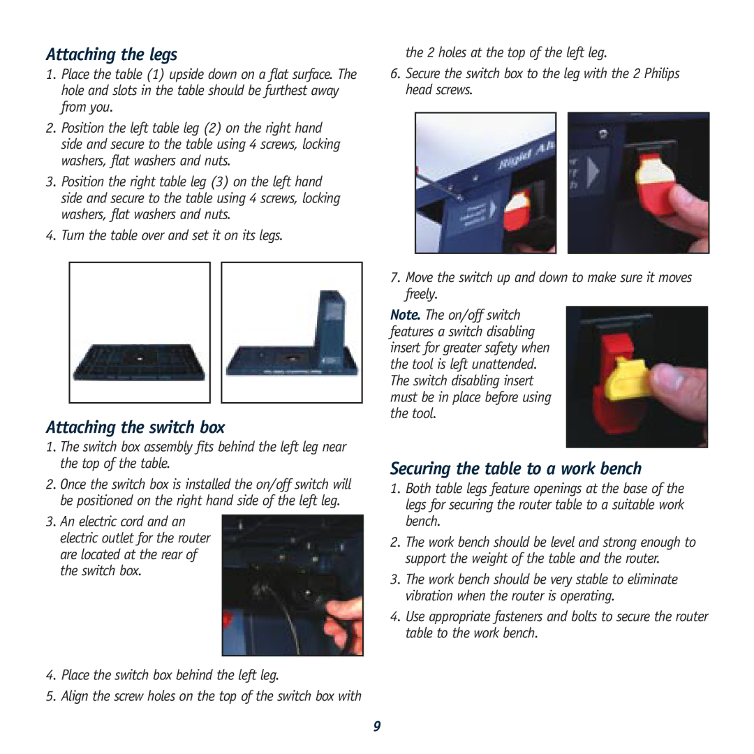 Global Machinery Company GMC Router Table Attaching the legs, Attaching the switch box, Securing the table to a work bench 