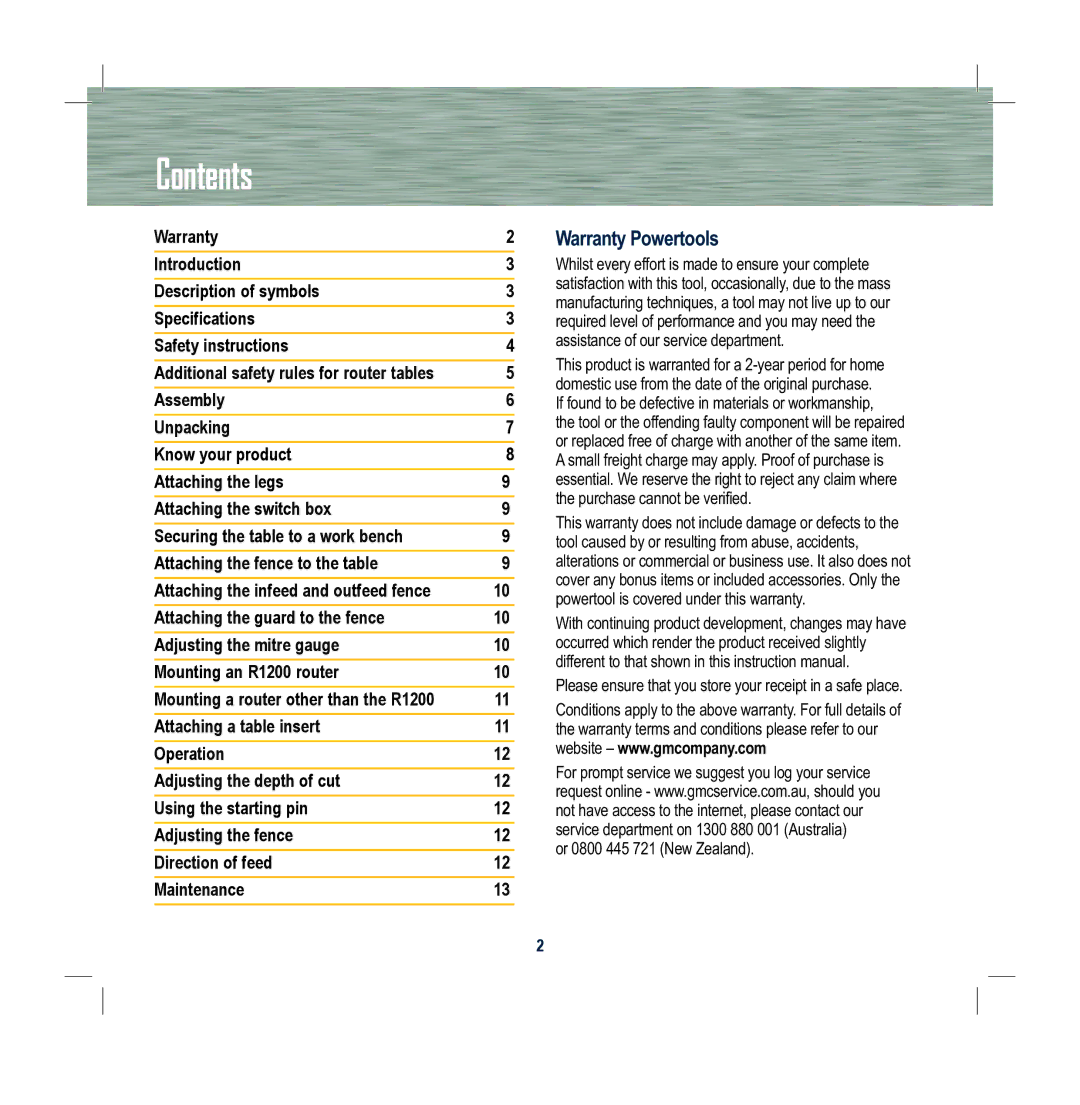 Global Machinery Company RT300 instruction manual Contents 