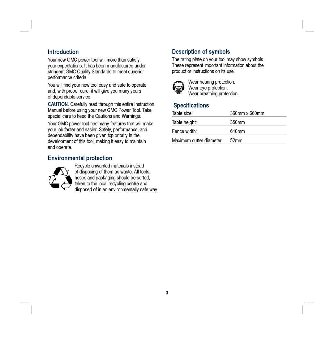 Global Machinery Company RT300 Introduction, Environmental protection, Description of symbols, Specifications 