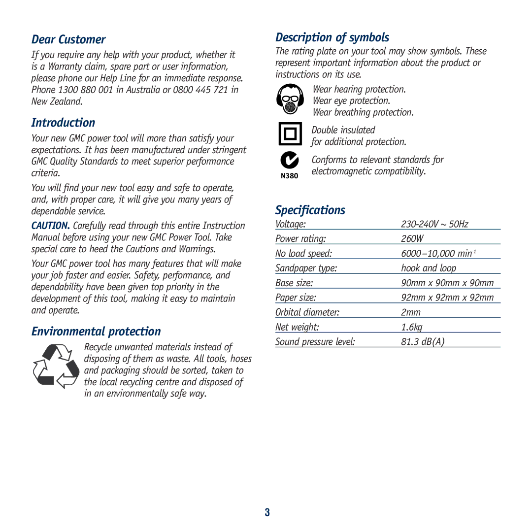 Global Machinery Company SA120 Dear Customer, Introduction, Environmental protection, Description of symbols 