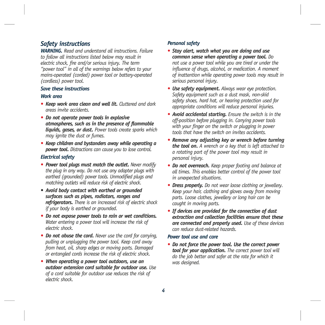 Global Machinery Company SA146 Safety instructions, Work area, Electrical safety, Personal safety, Power tool use and care 