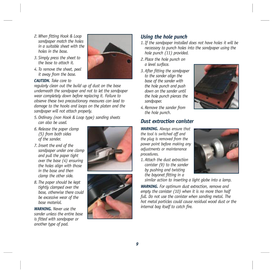 Global Machinery Company SA146 instruction manual Using the hole punch, Dust extraction canister 