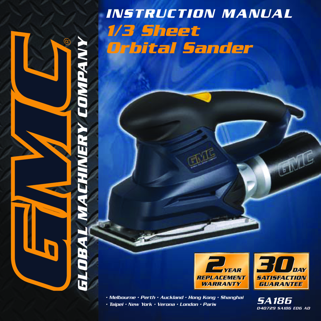 Global Machinery Company SA186 instruction manual Sheet Orbital Sander 