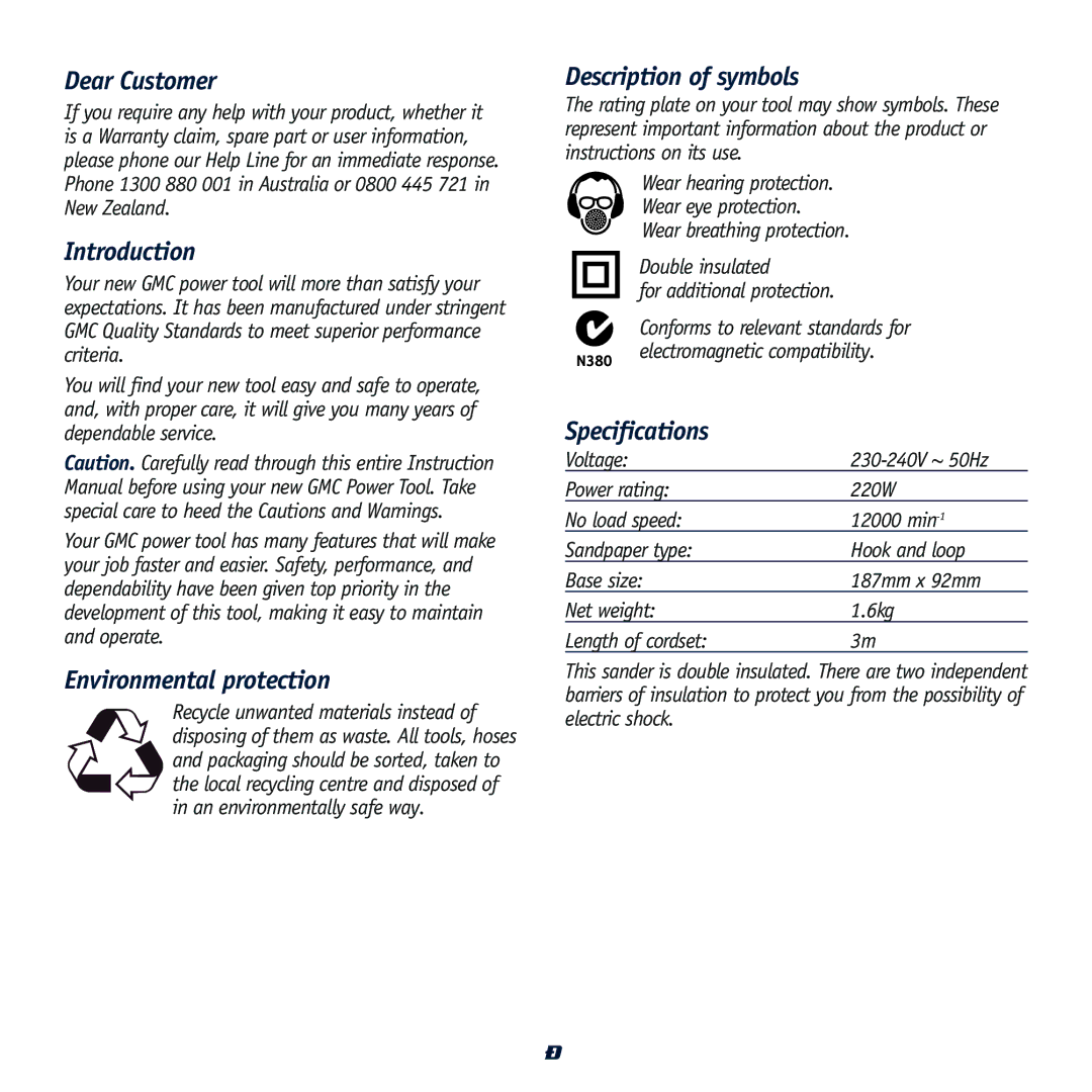 Global Machinery Company SA186 instruction manual Description of symbols, Specifications 