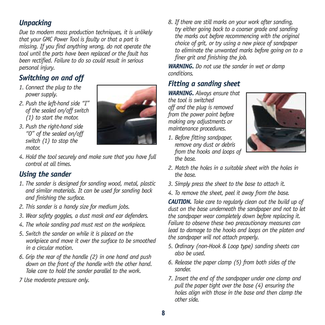 Global Machinery Company SA186 instruction manual Switching on and off, Using the sander, Fitting a sanding sheet 