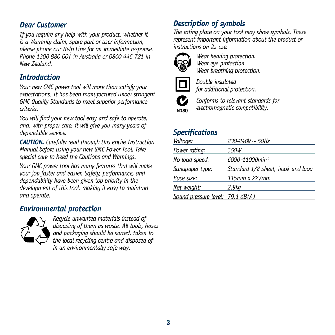 Global Machinery Company SA350 Dear Customer, Introduction, Environmental protection, Description of symbols 