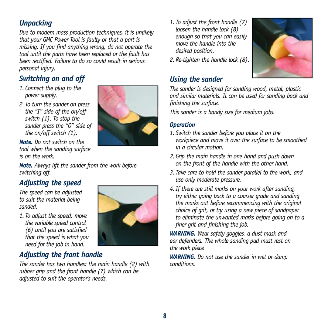 Global Machinery Company SA350 Switching on and off, Adjusting the speed, Adjusting the front handle, Using the sander 