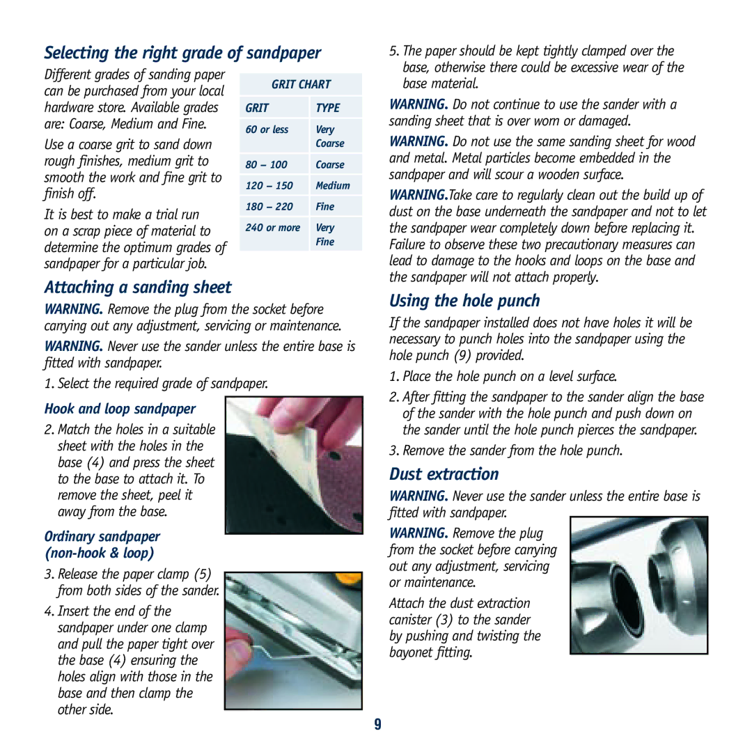 Global Machinery Company SA350 Selecting the right grade of sandpaper, Attaching a sanding sheet, Using the hole punch 