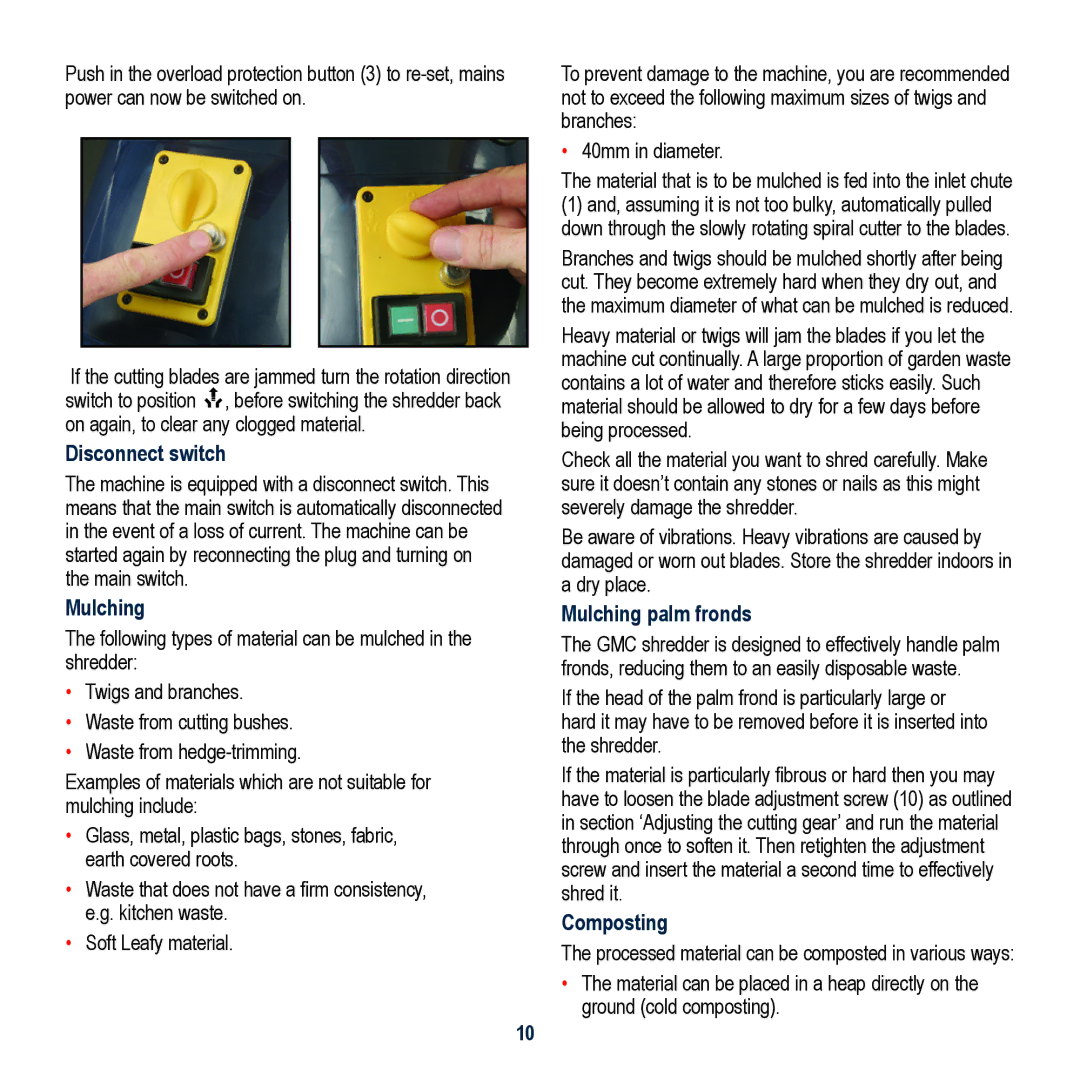 Global Machinery Company SHS2400 instruction manual Disconnect switch, Mulching palm fronds, Composting 