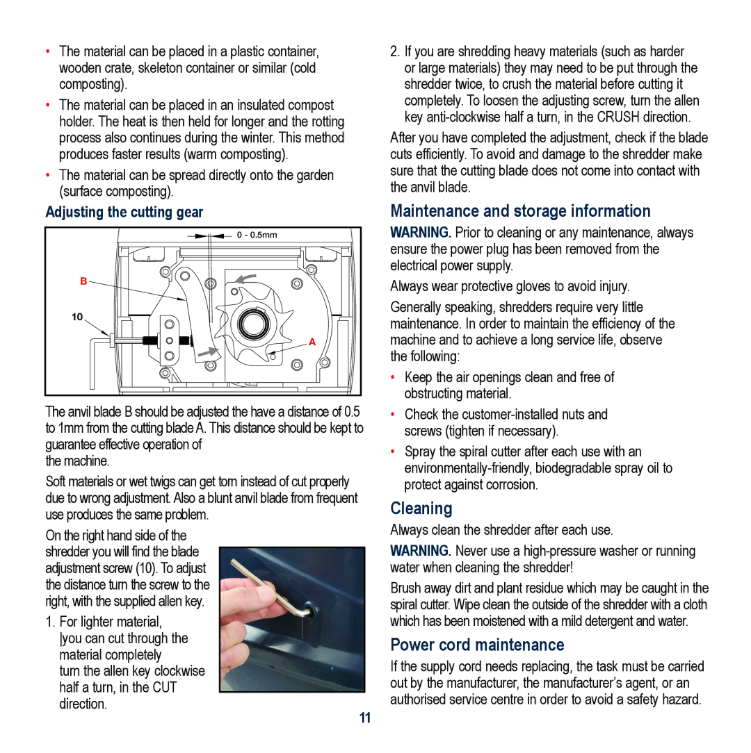 Global Machinery Company SHS2400 instruction manual Maintenance and storage information, Cleaning, Power cord maintenance 