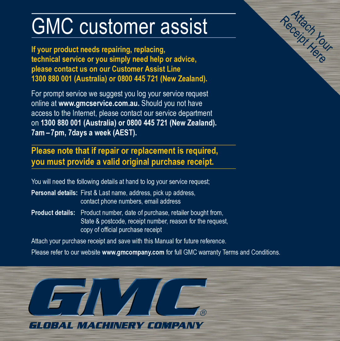 Global Machinery Company SHS2400 instruction manual GMC customer assist 