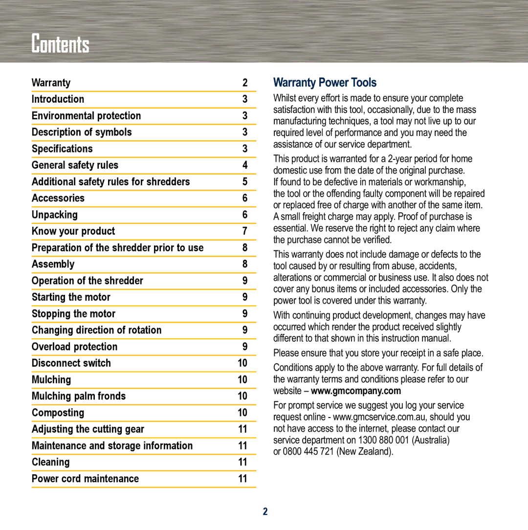 Global Machinery Company SHS2400 instruction manual Contents 