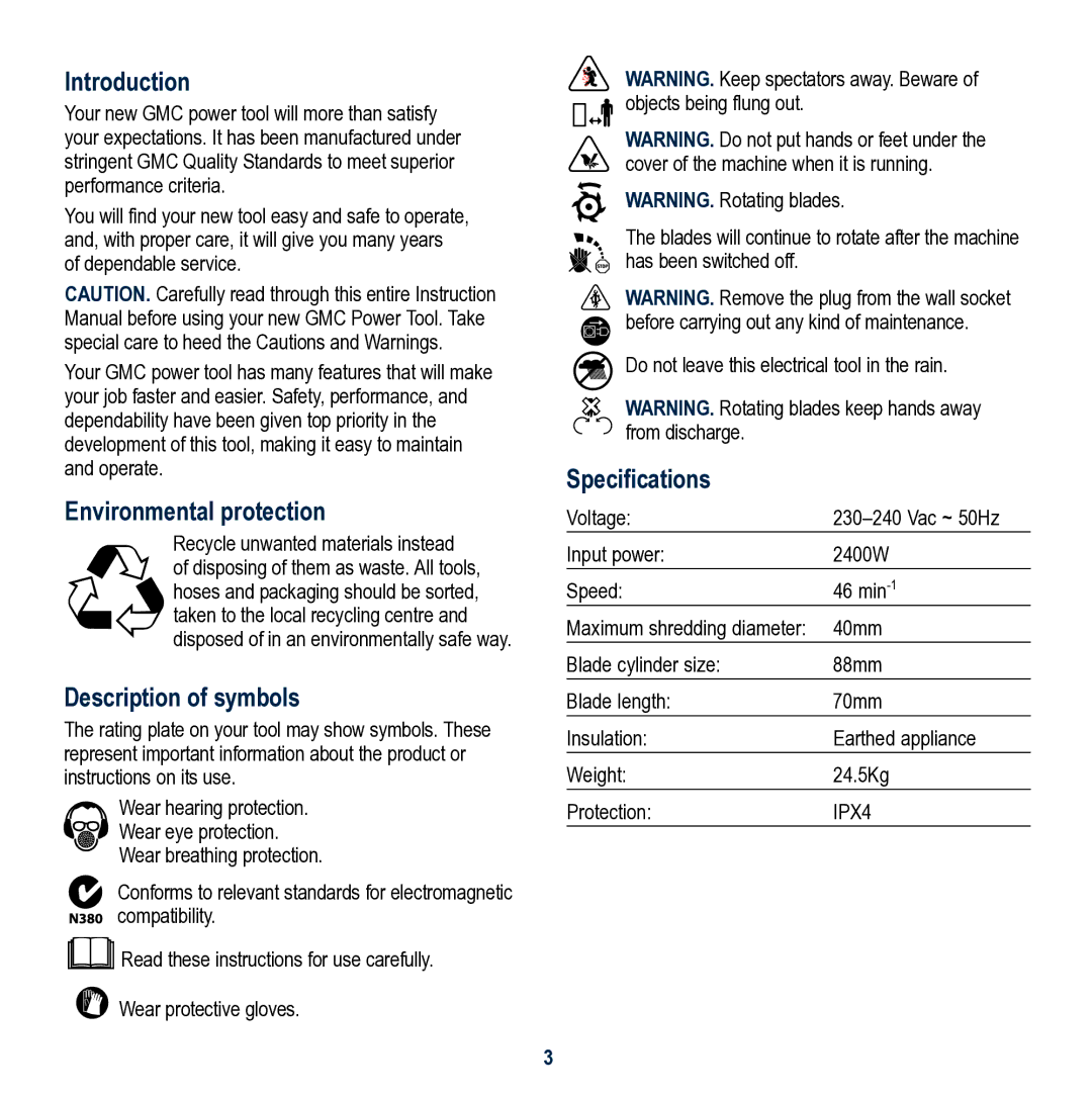 Global Machinery Company SHS2400 Introduction, Environmental protection, Description of symbols, Specifications 