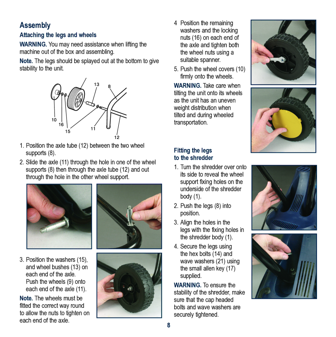 Global Machinery Company SHS2400 instruction manual Assembly, Attaching the legs and wheels 