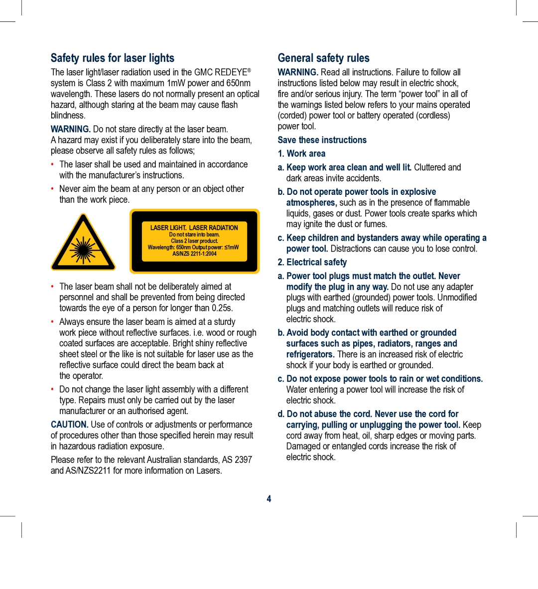 Global Machinery Company SPJ2HM instruction manual Safety rules for laser lights, General safety rules 