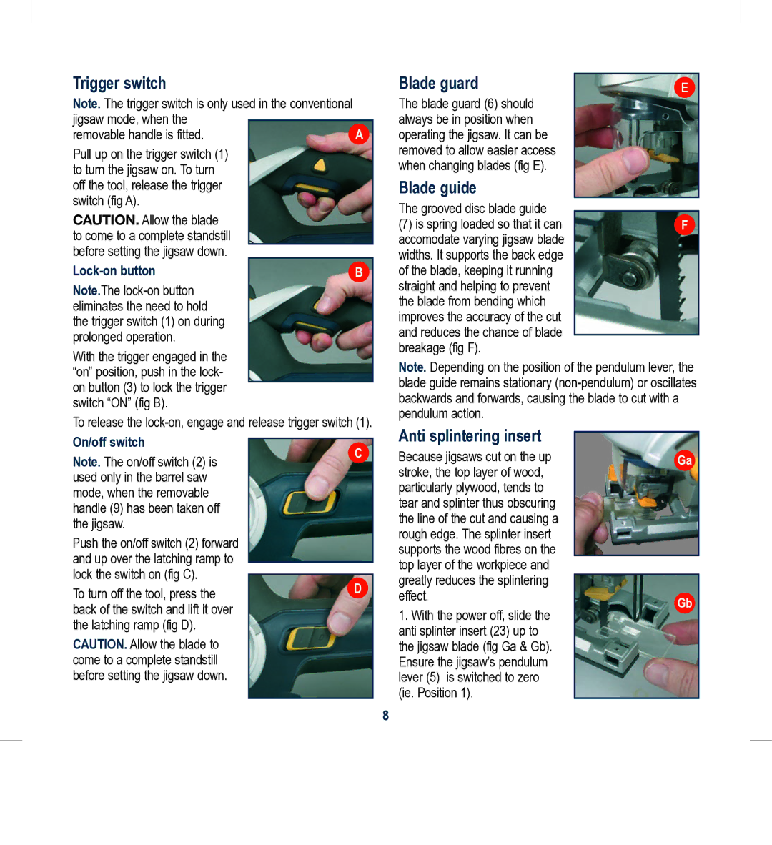 Global Machinery Company SPJ2HM instruction manual Trigger switch, Blade guard, Blade guide, Anti splintering insert 