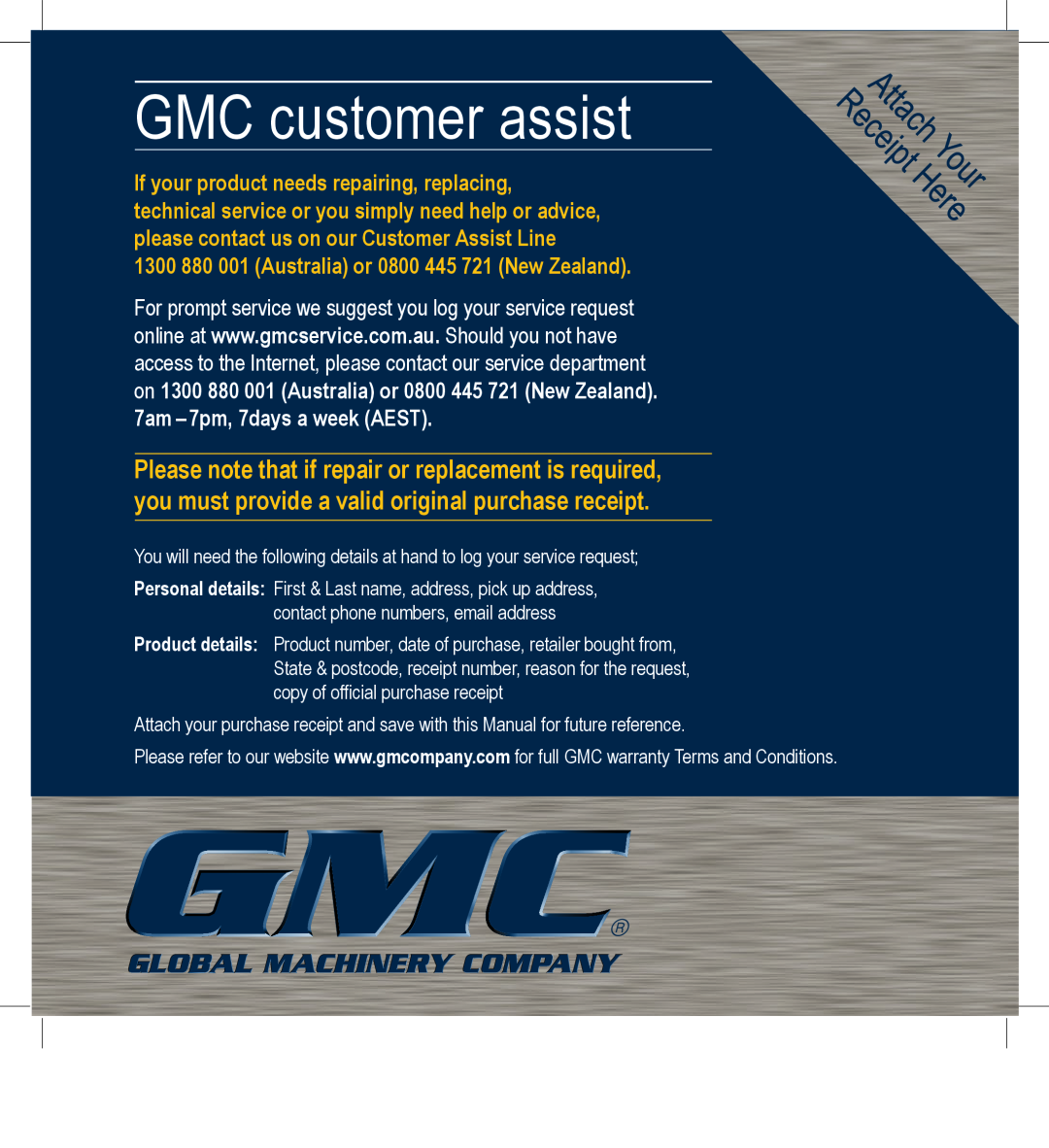 Global Machinery Company SPJ2HM instruction manual GMC customer assist, 1300 880 001 Australia or 0800 445 721 New Zealand 
