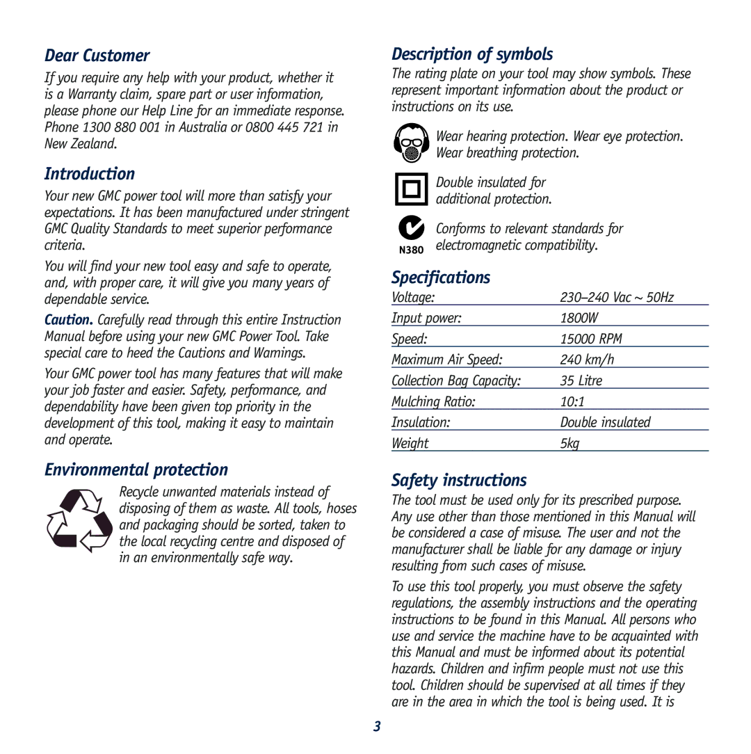 Global Machinery Company ST1800 instruction manual Description of symbols, Specifications, Safety instructions, Litre 