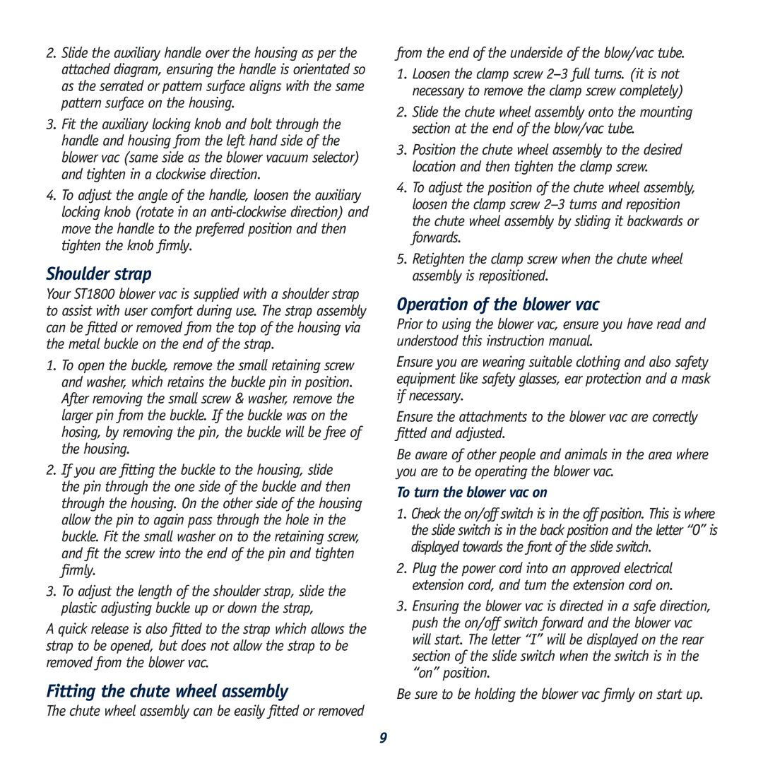 Global Machinery Company ST1800 Shoulder strap, Fitting the chute wheel assembly, Operation of the blower vac 
