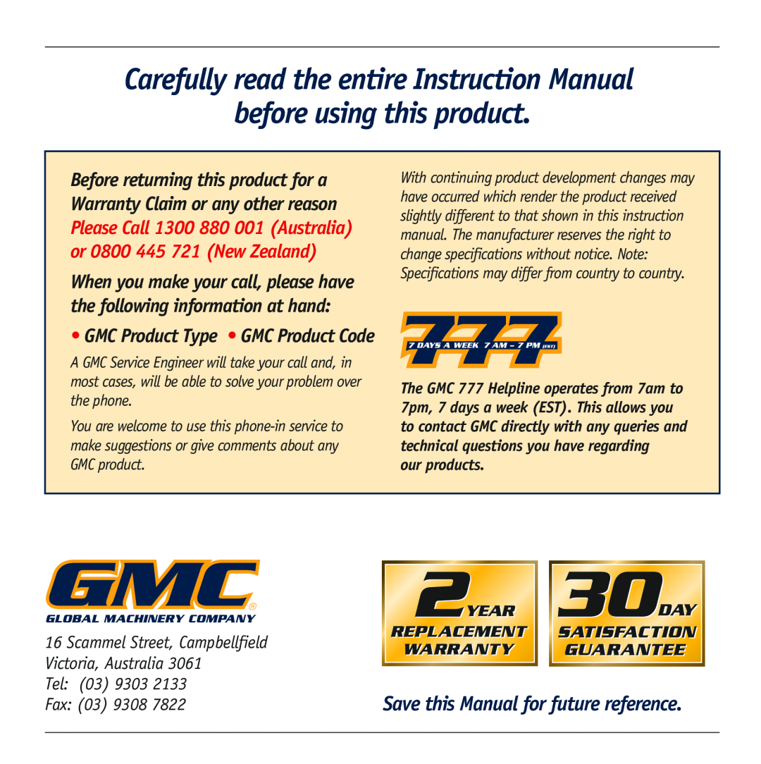 Global Machinery Company ST1800 Save this Manual for future reference, Scammel Street, Campbellfield, our products 