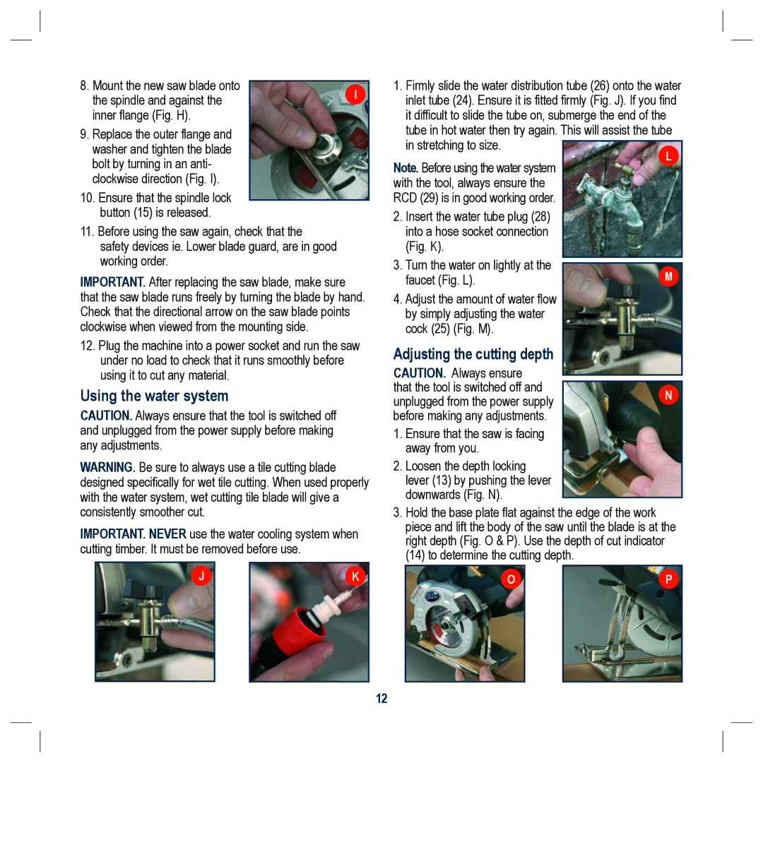 Global Machinery Company TTS5000M instruction manual Using the water system, Adjusting the cutting depth 