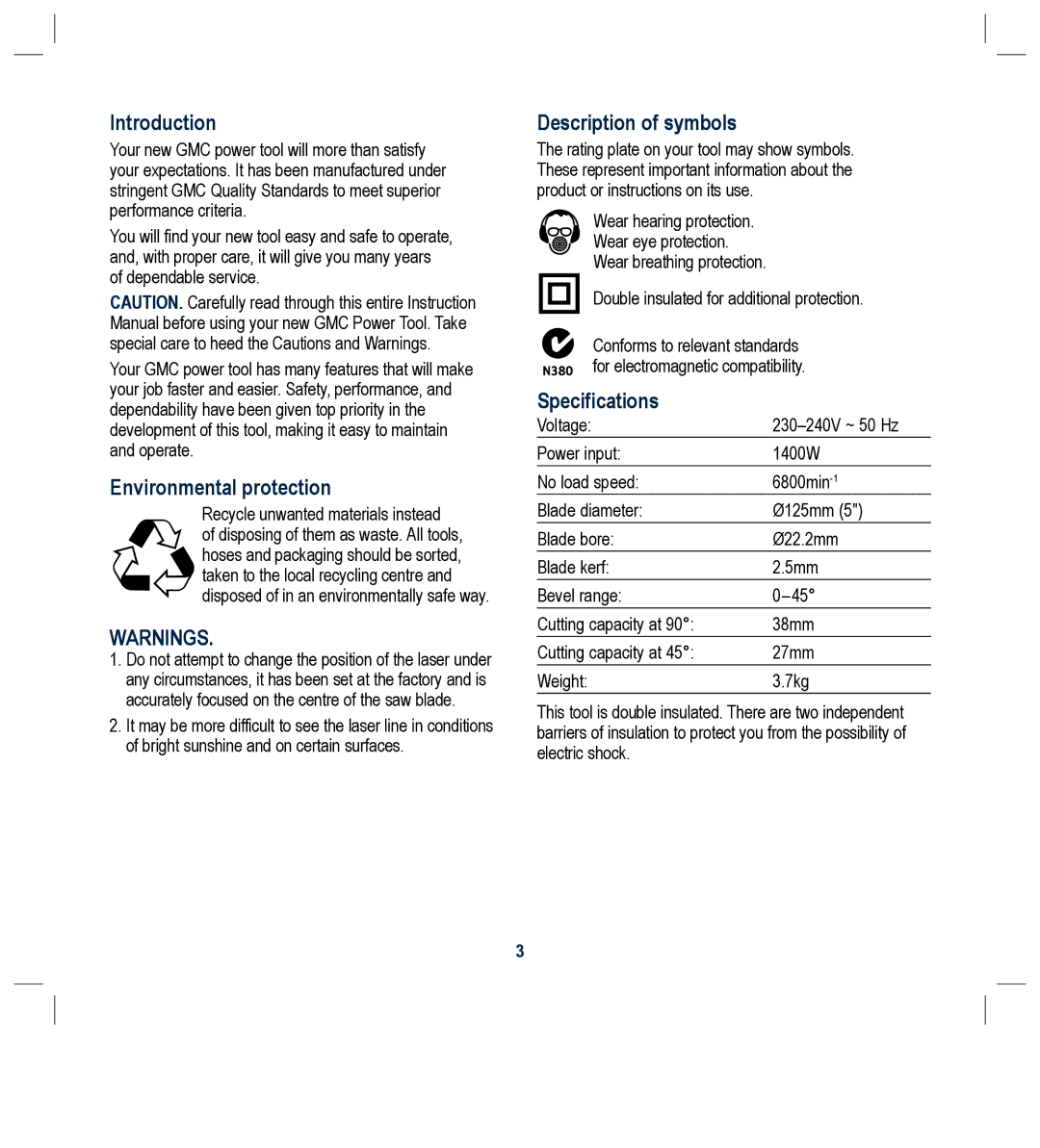 Global Machinery Company TTS5000M Introduction, Environmental protection, Description of symbols, Specifications 