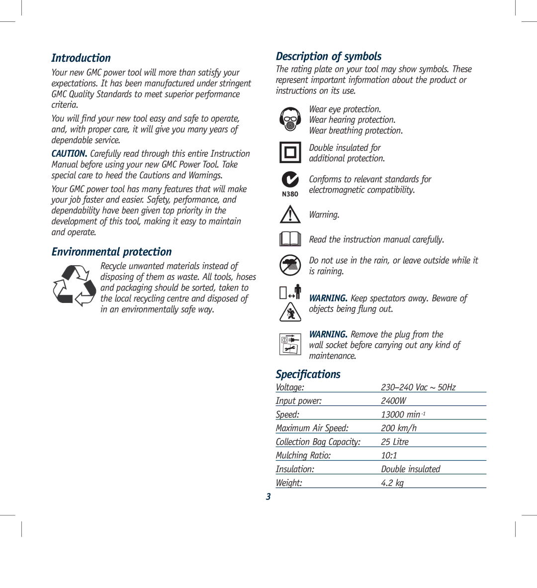 Global Machinery Company ULB2400 Introduction, Environmental protection, Description of symbols, Specifications 