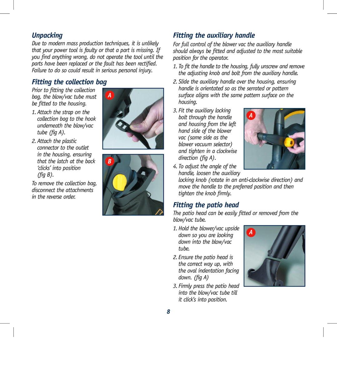 Global Machinery Company ULB2400 instruction manual Unpacking, Fitting the collection bag, Fitting the auxiliary handle 