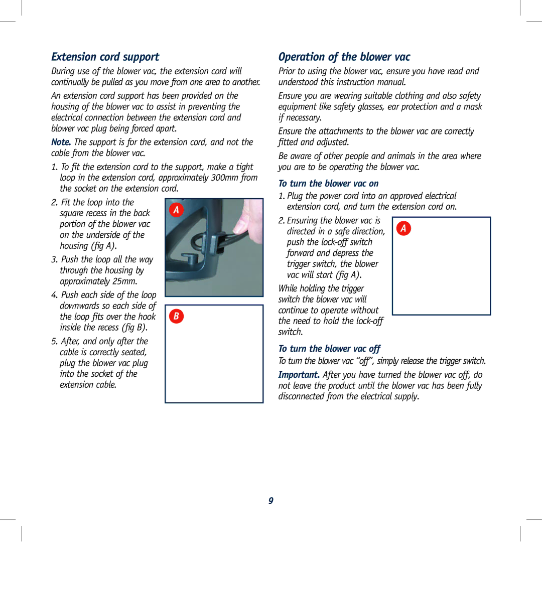 Global Machinery Company ULB2400 Extension cord support, Operation of the blower vac, Inside the recess fig B 