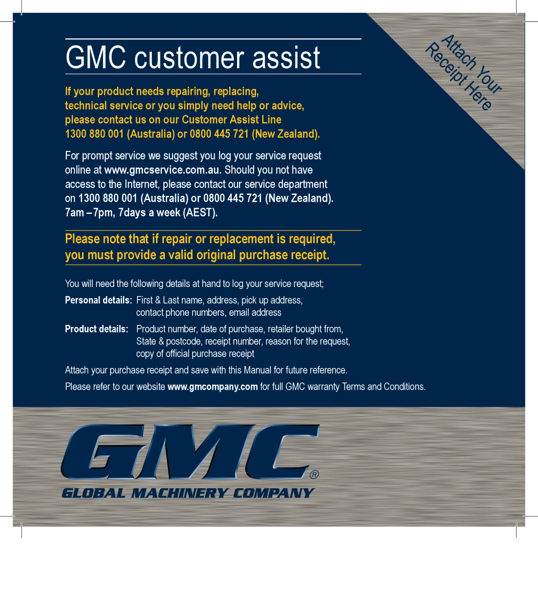 Global Machinery Company ULB2400 instruction manual GMC customer assist 