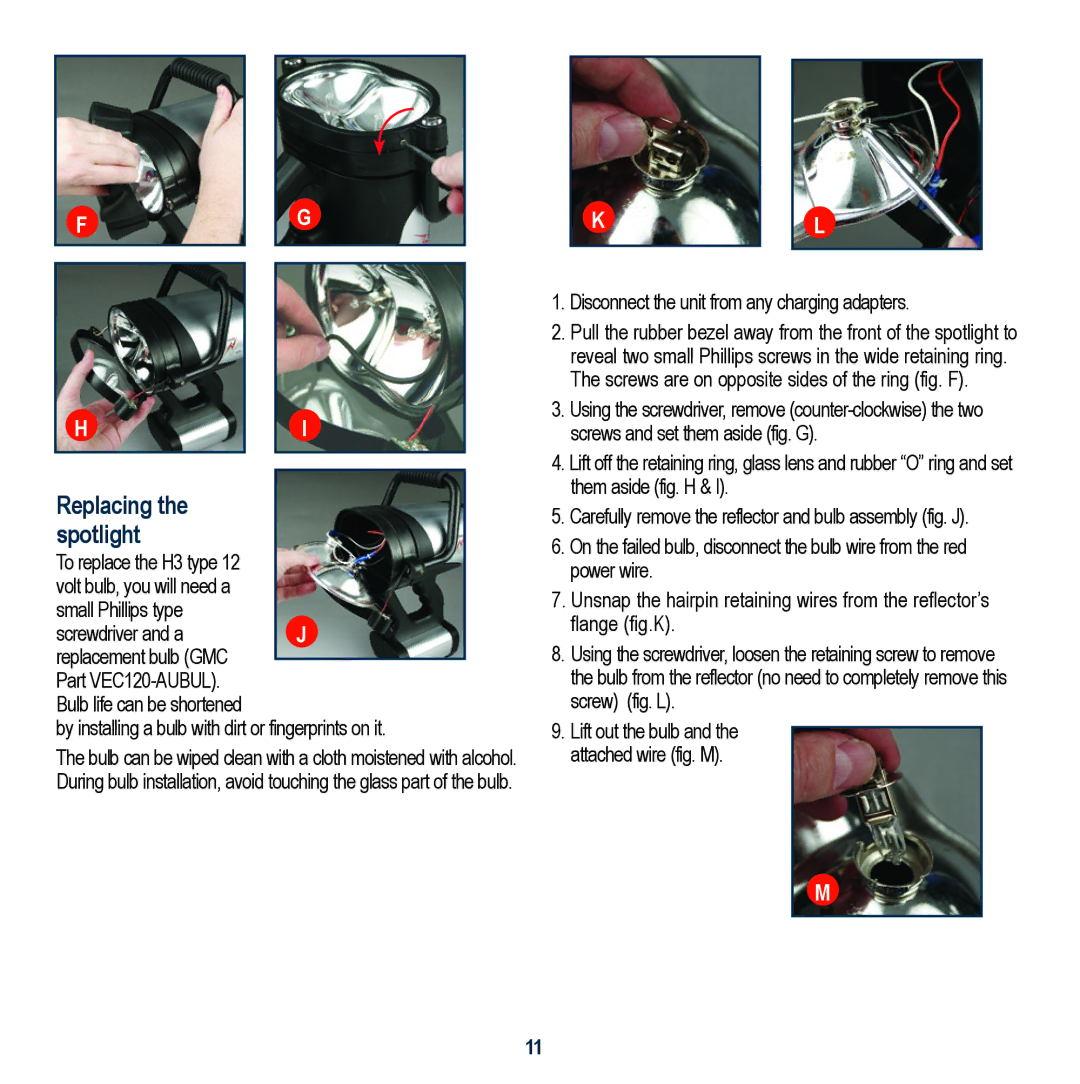 Global Machinery Company VEC158-AU instruction manual Replacing the spotlight, Screwdriver and aJ replacement bulb GMC 