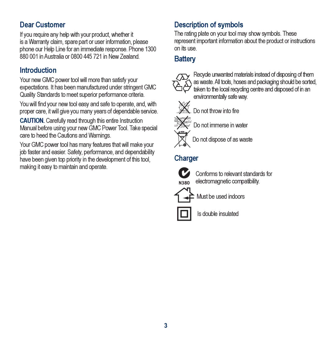 Global Machinery Company VEC158-AU instruction manual Description of symbols, Battery, Charger 