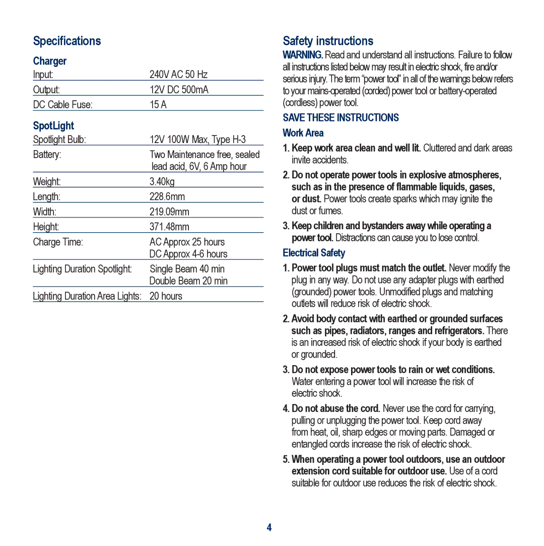 Global Machinery Company VEC158-AU instruction manual Specifications, Safety instructions 