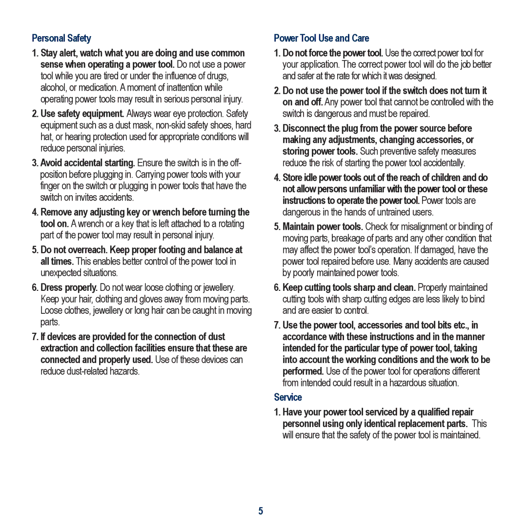 Global Machinery Company VEC158-AU instruction manual Personal Safety, Power Tool Use and Care, Service 