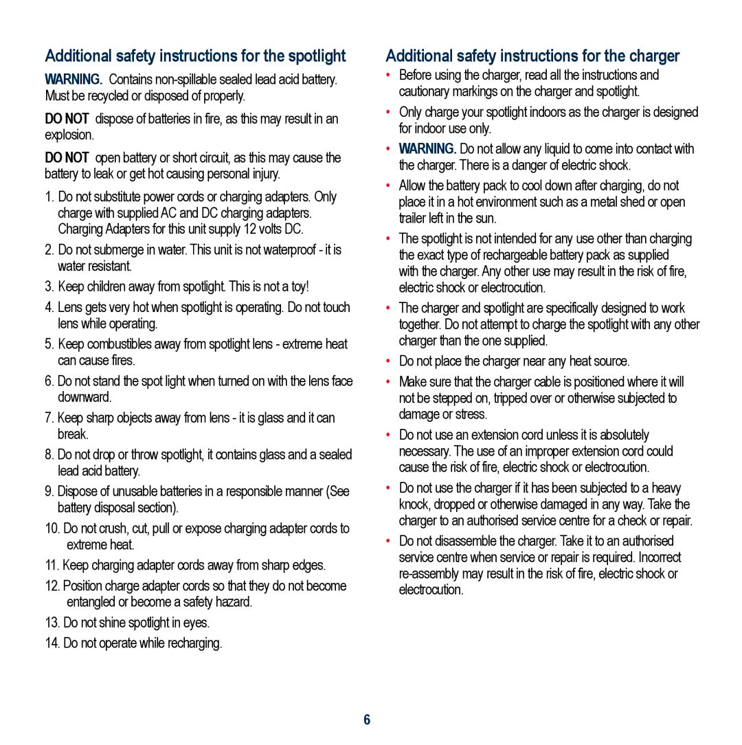 Global Machinery Company VEC158-AU instruction manual Additional safety instructions for the spotlight 