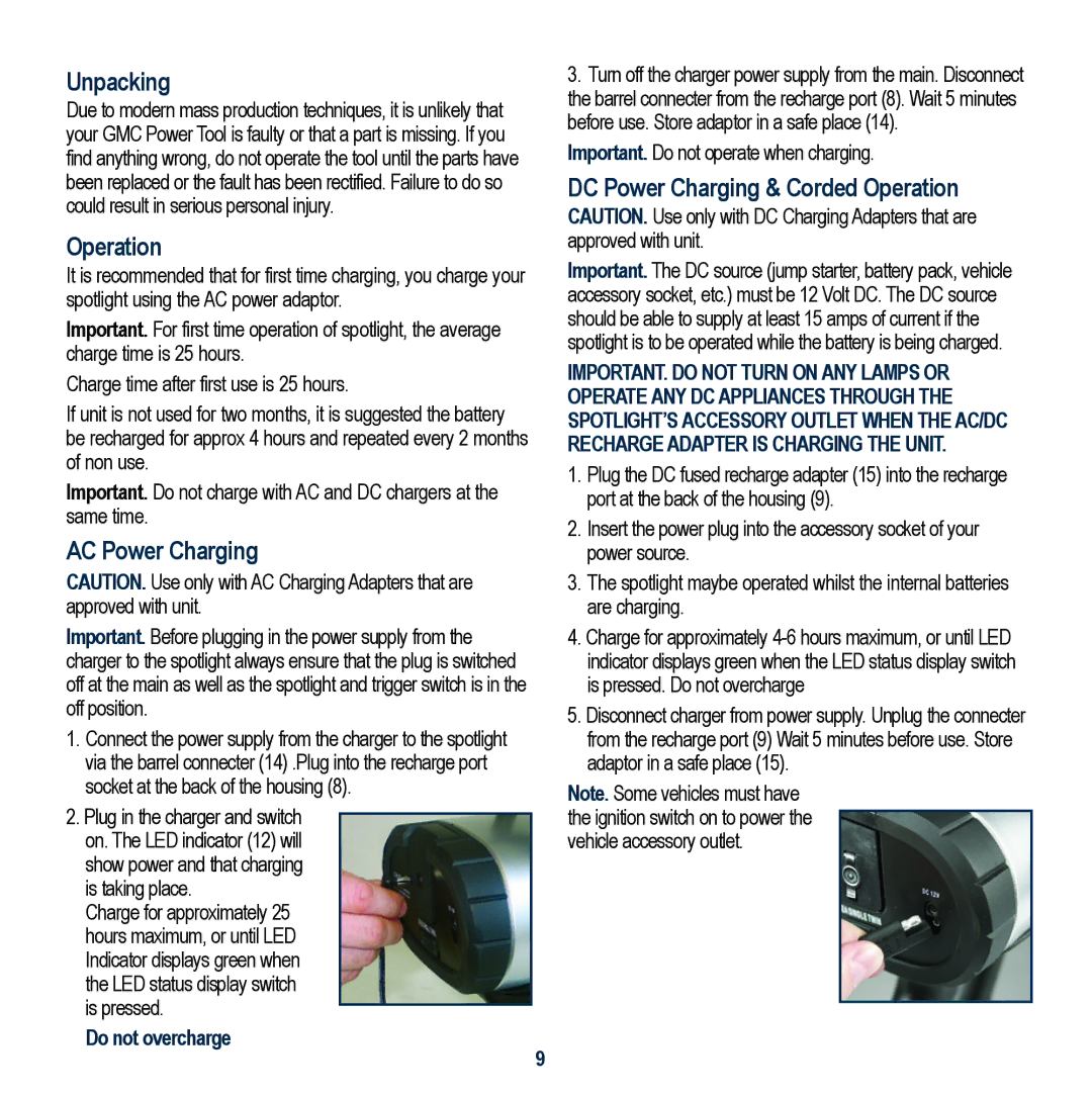 Global Machinery Company VEC158-AU Unpacking, AC Power Charging, DC Power Charging & Corded Operation 