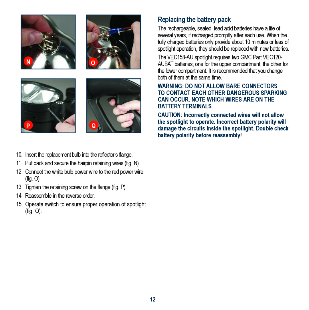 Global Machinery Company VEC158-AU instruction manual Replacing the battery pack 