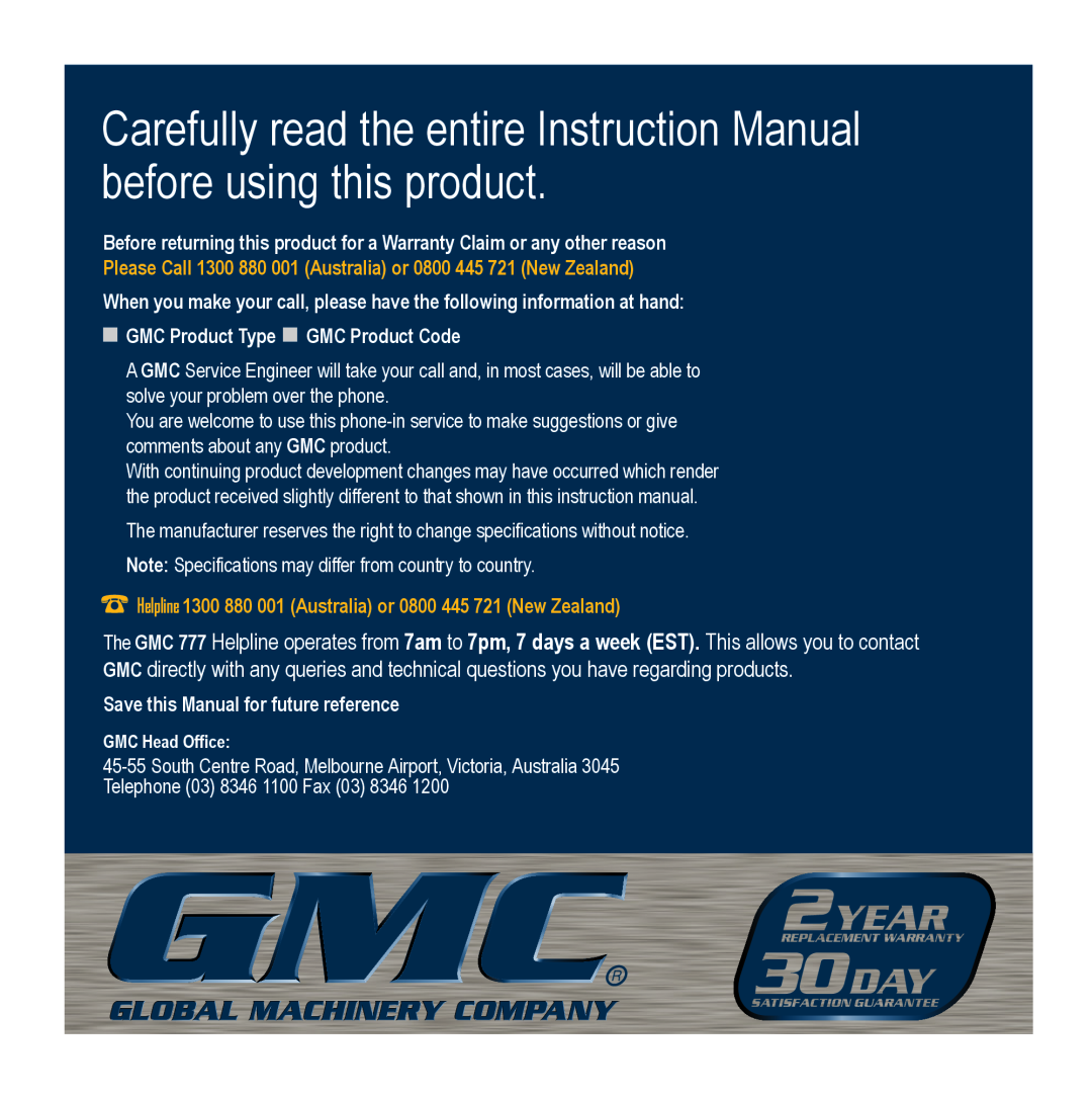 Global Machinery Company VEC158-AU GMC Product Type GMC Product Code, Save this Manual for future reference 