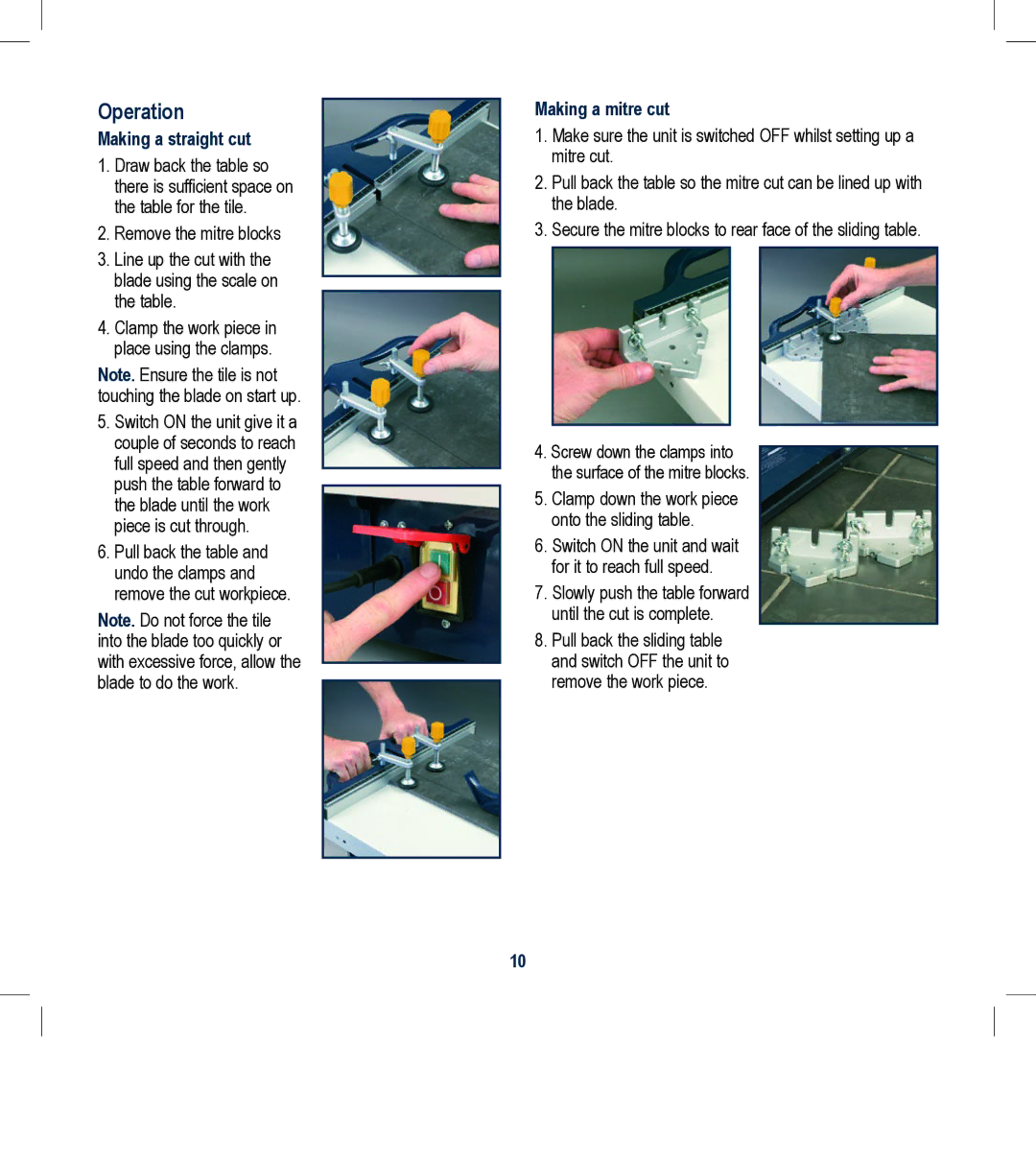 Global Machinery Company WTS550 instruction manual Operation, Making a straight cut, Making a mitre cut 