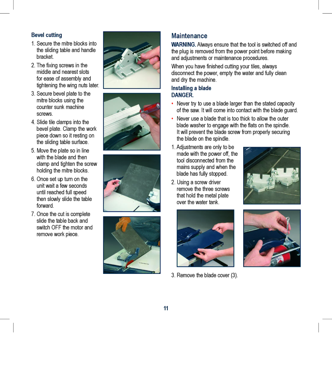 Global Machinery Company WTS550 instruction manual Maintenance, Bevel cutting, Installing a blade 