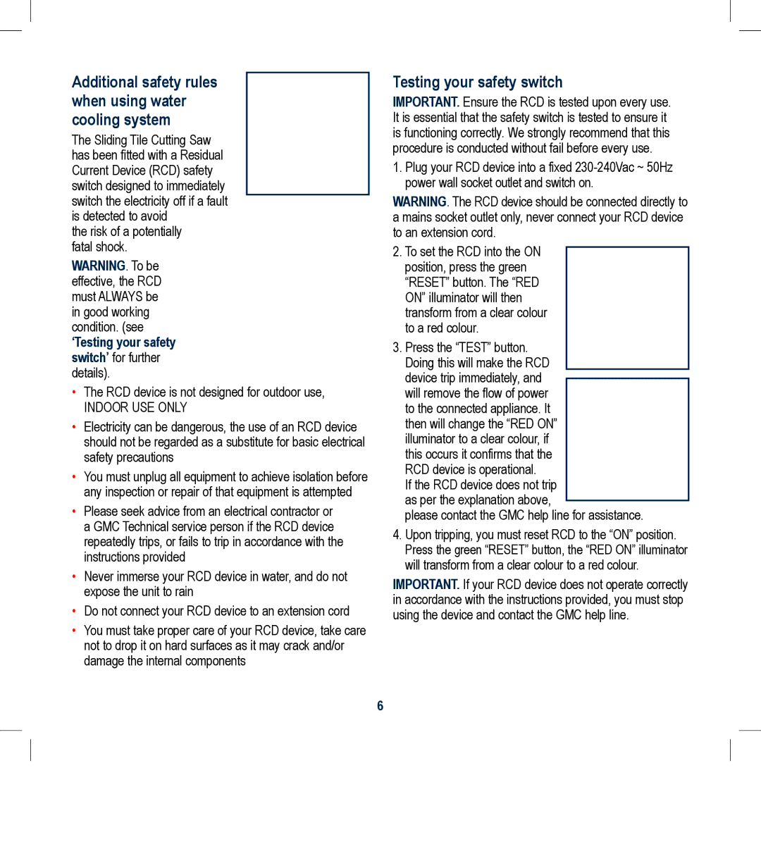 Global Machinery Company WTS550 Additional safety rules when using water cooling system, Testing your safety switch 