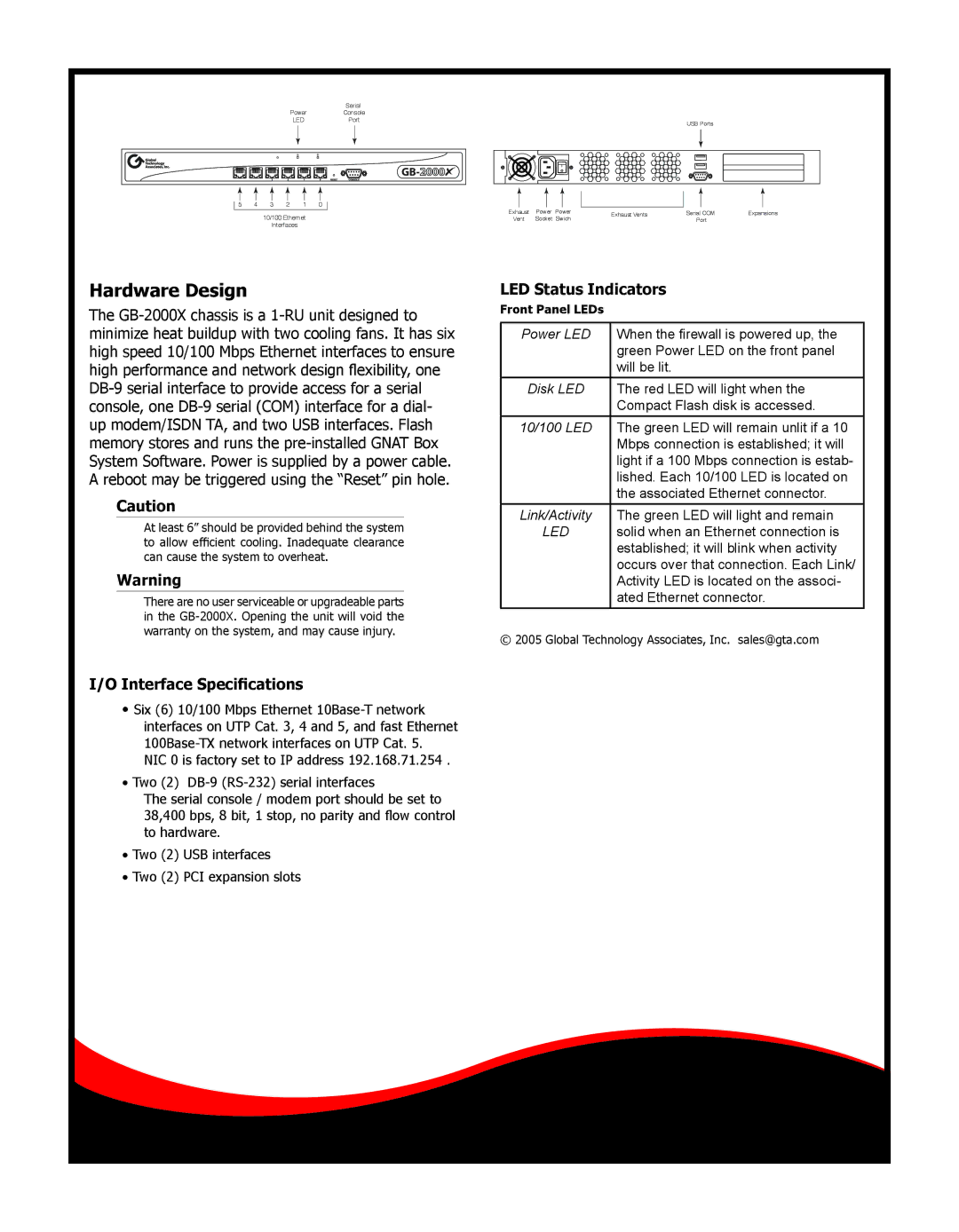 Global Technology Associates GB-2000X specifications Hardware Design, Interface Speciﬁcations, LED Status Indicators 