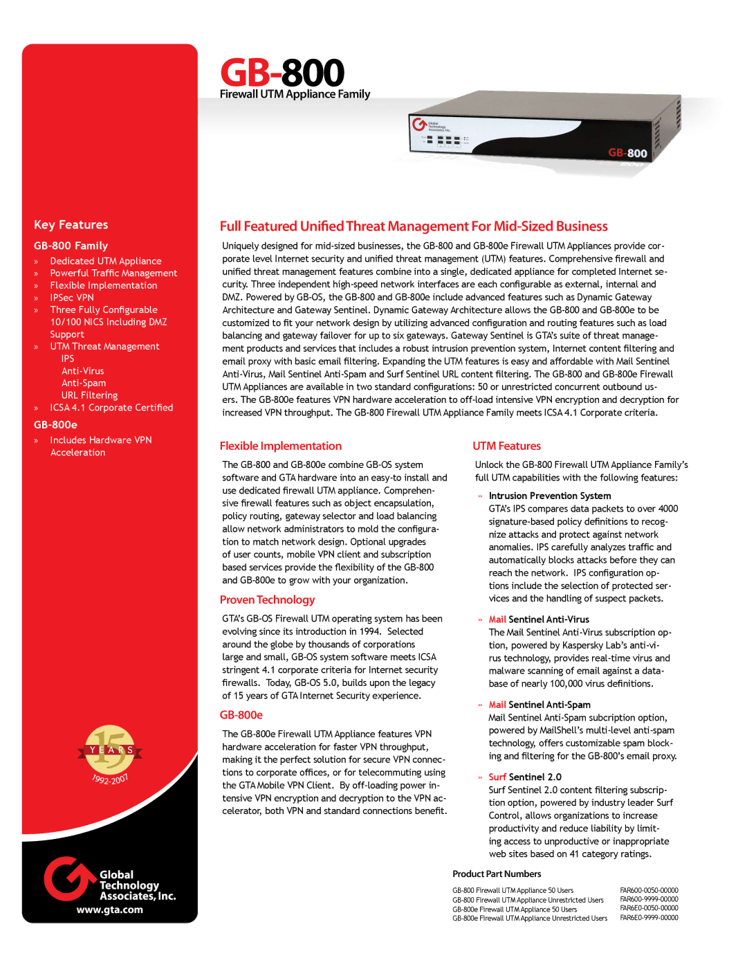 Global Technology Associates GB-800e manual Flexible Implementation, Proven Technology, UTM Features 