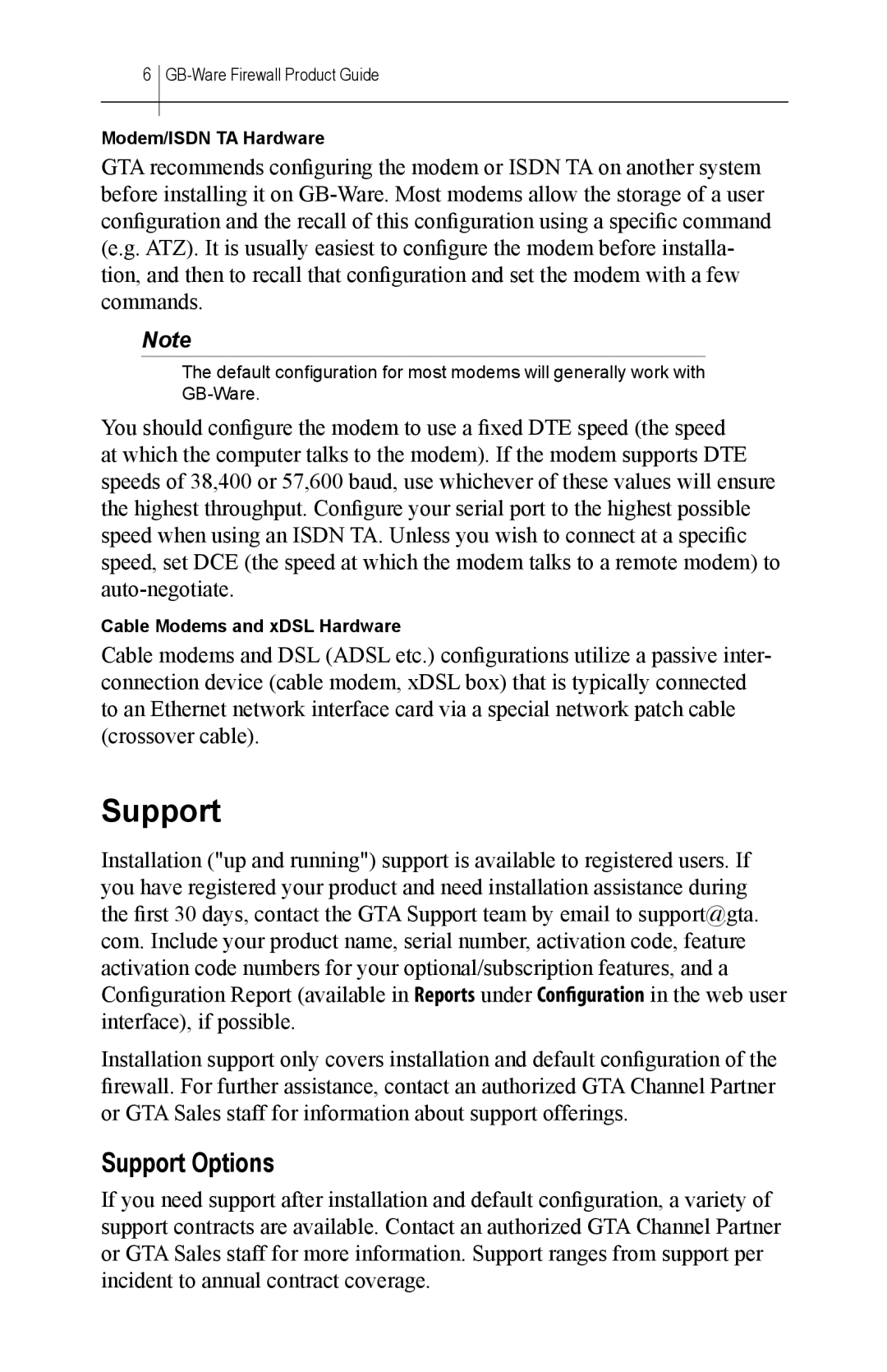 Global Technology Associates GBWA200501-01 manual Support Options 