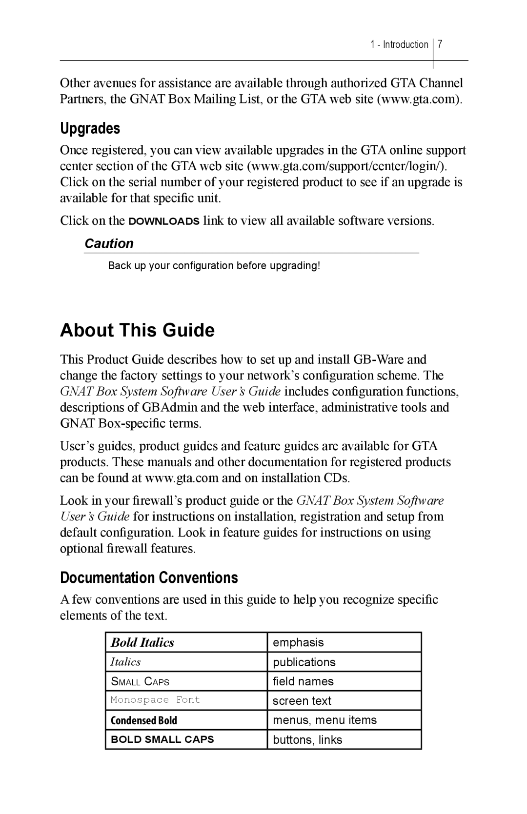 Global Technology Associates GBWA200501-01 manual About This Guide, Upgrades, Documentation Conventions 