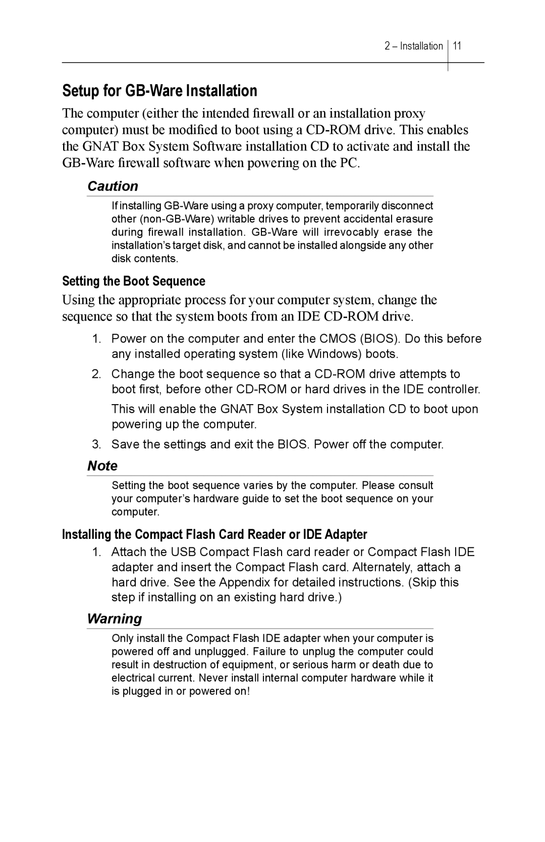 Global Technology Associates GBWA200501-01 manual Setup for GB-Ware Installation, Setting the Boot Sequence 