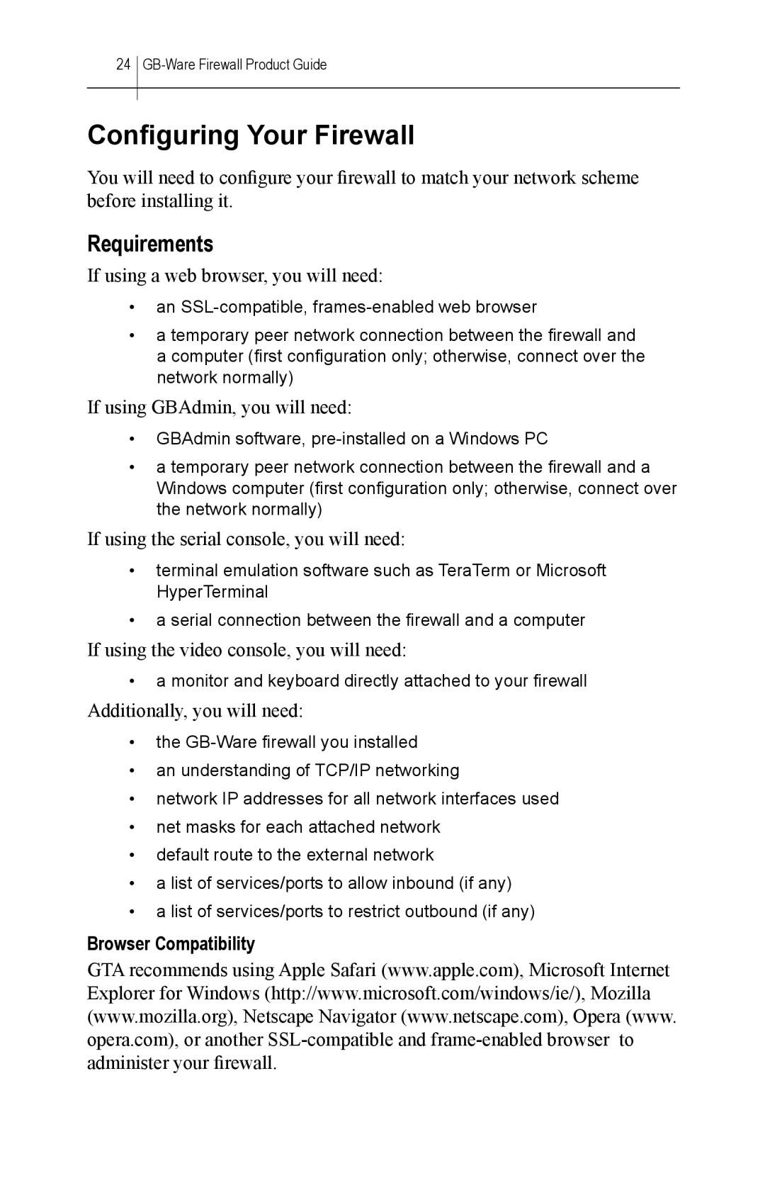 Global Technology Associates GBWA200501-01 manual Conﬁguring Your Firewall, Browser Compatibility 