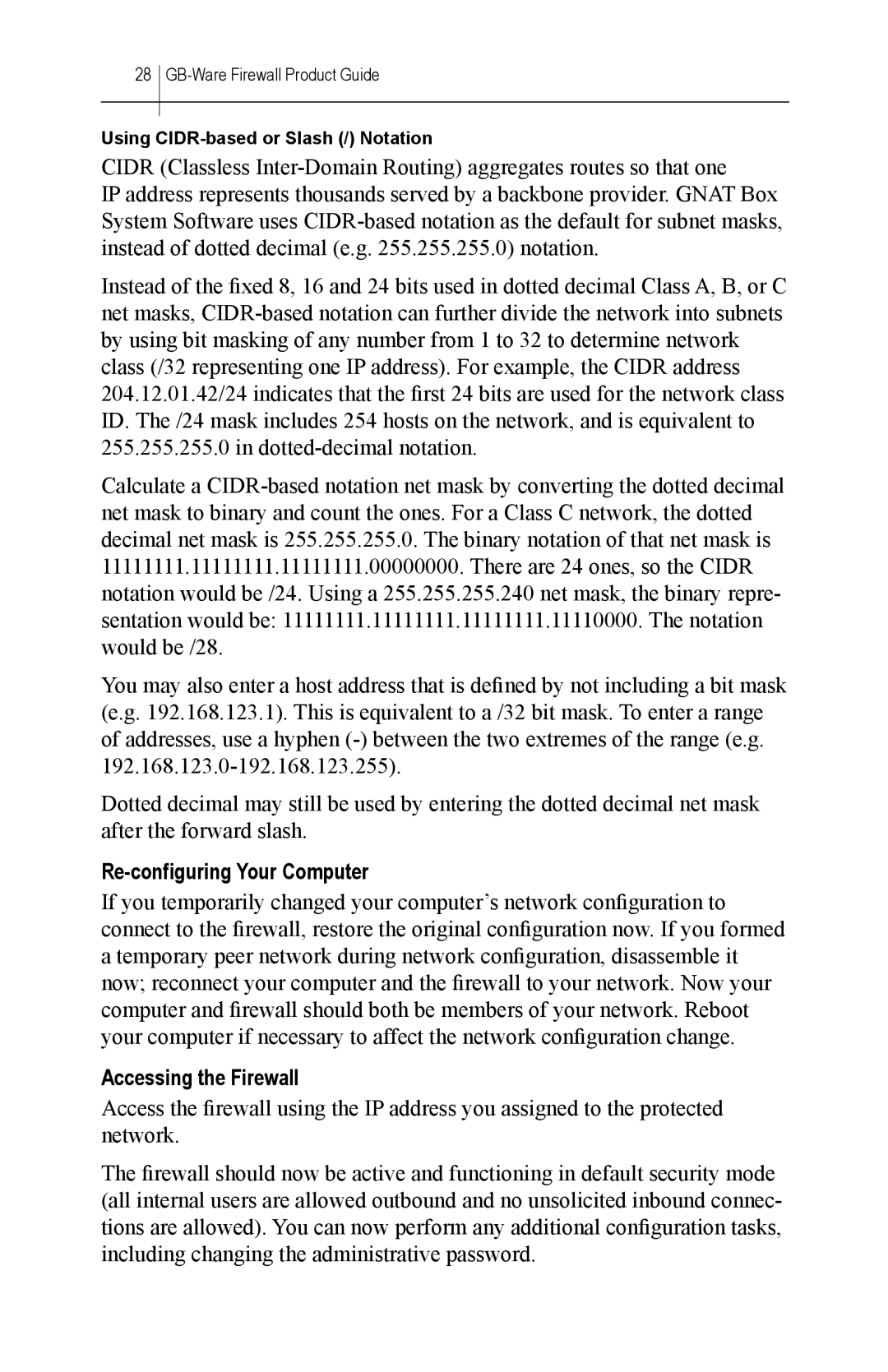 Global Technology Associates GBWA200501-01 manual Re-configuring Your Computer, Accessing the Firewall 